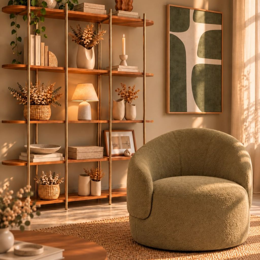 Sala com estante dourada e madeira, objetos decorativos, quadro abstrato verde e poltrona bouclé verde-oliva