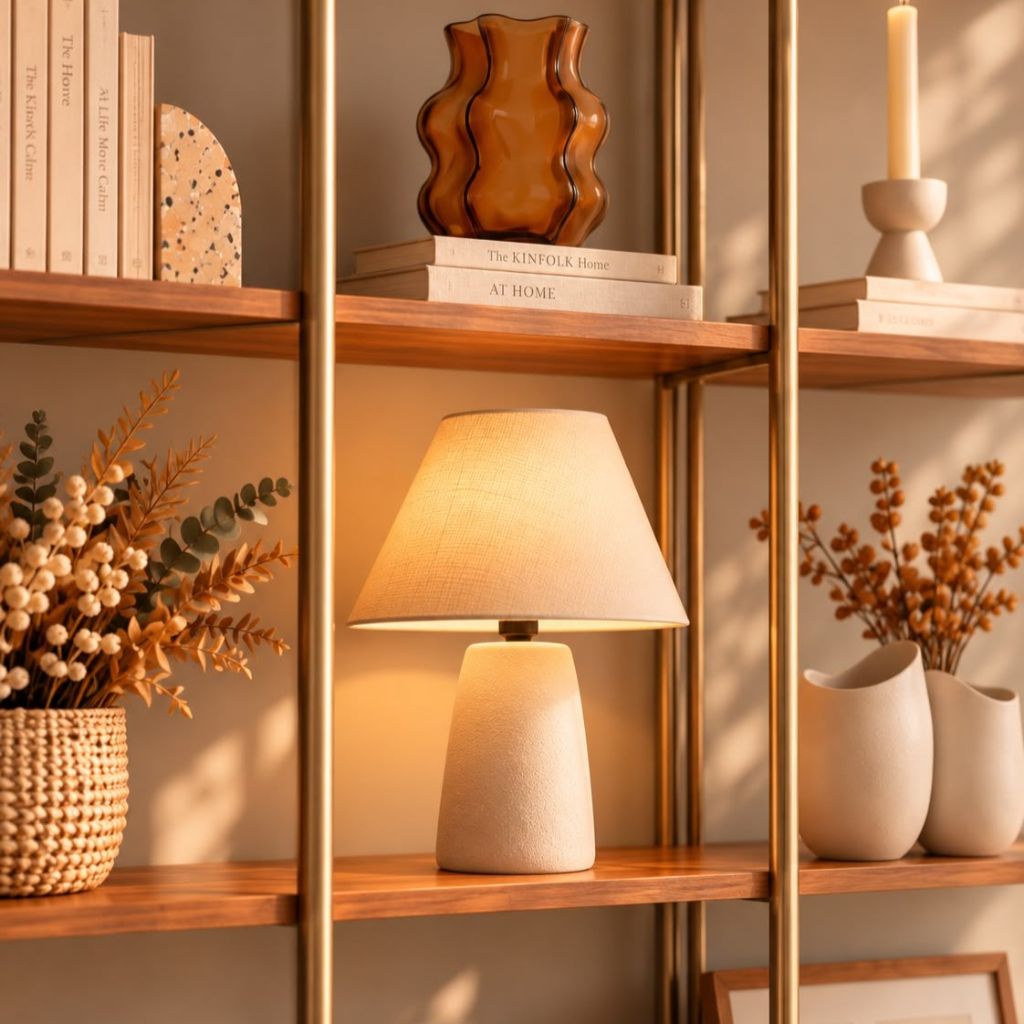 Detalhe da estante com luminária de cúpula de linho, vaso âmbar ondulado, livros, cesto de palha e vasos cerâmicos