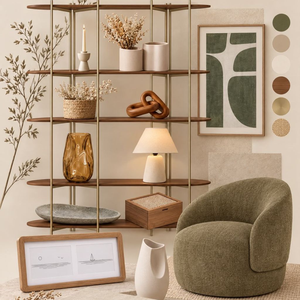 Painel de curadoria com estante, vaso âmbar, corrente de madeira, luminária, quadro verde, poltrona e paleta de cores