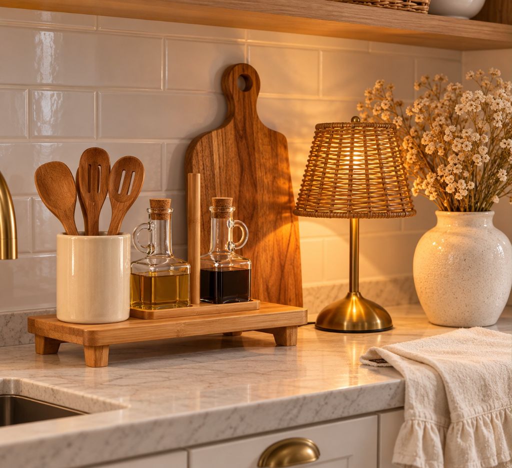 Bancada de cozinha decorada com utensílios de madeira, galheteiros, luminária de rattan e vaso com flores secas